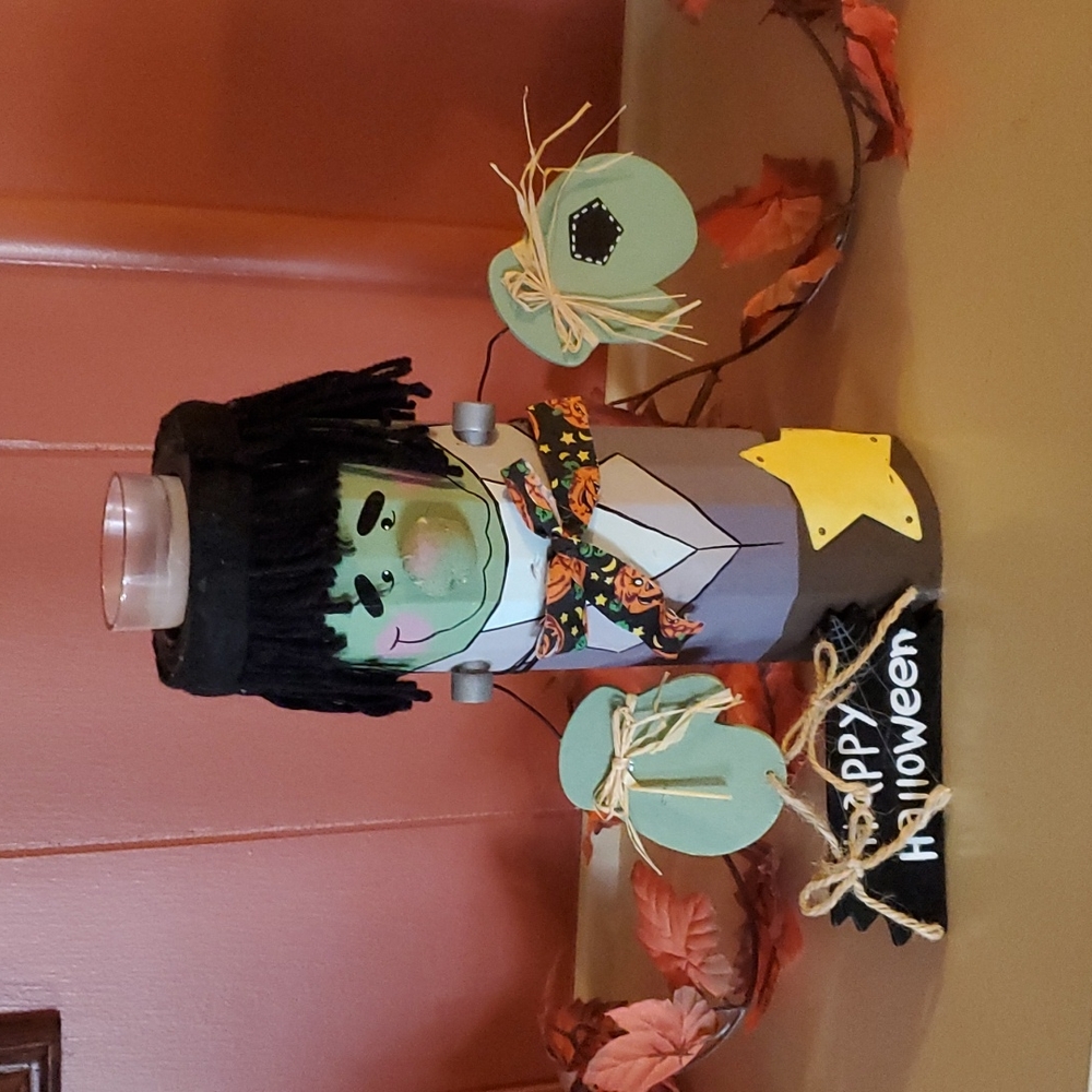 Mid 1990s Hand Painted Wood Log Frankenstein Candle Holder